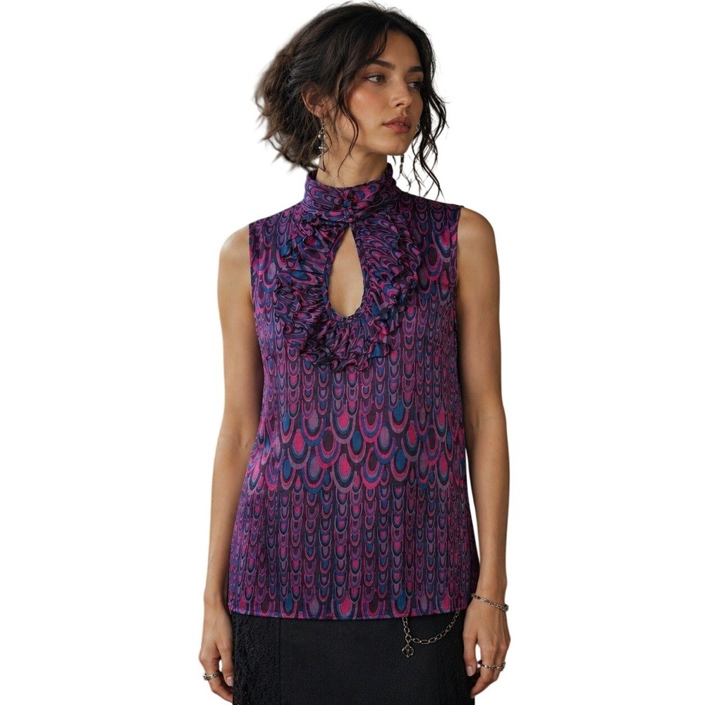 Nanette Lepore Y2K Retro Silk Ruffle Top‎ Sz 2 Keyhole Mod Psychedelic Statement